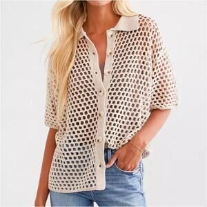 PRETTY GARBAGE NWT Short-Sleeve Open Stitch Collared Cardigan in Beige Size S